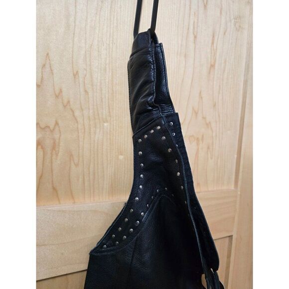 Mens First Classics Iron Pony Leather Motorcycle Chaps With Studs & Buckles Blac - Picture 4 of 16